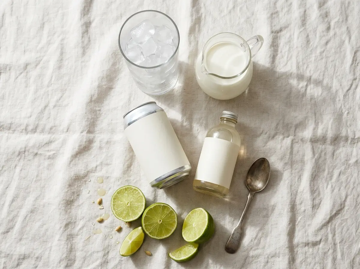 Ingredients for dirty soda: soda, coconut syrup, limes, and half-and-half