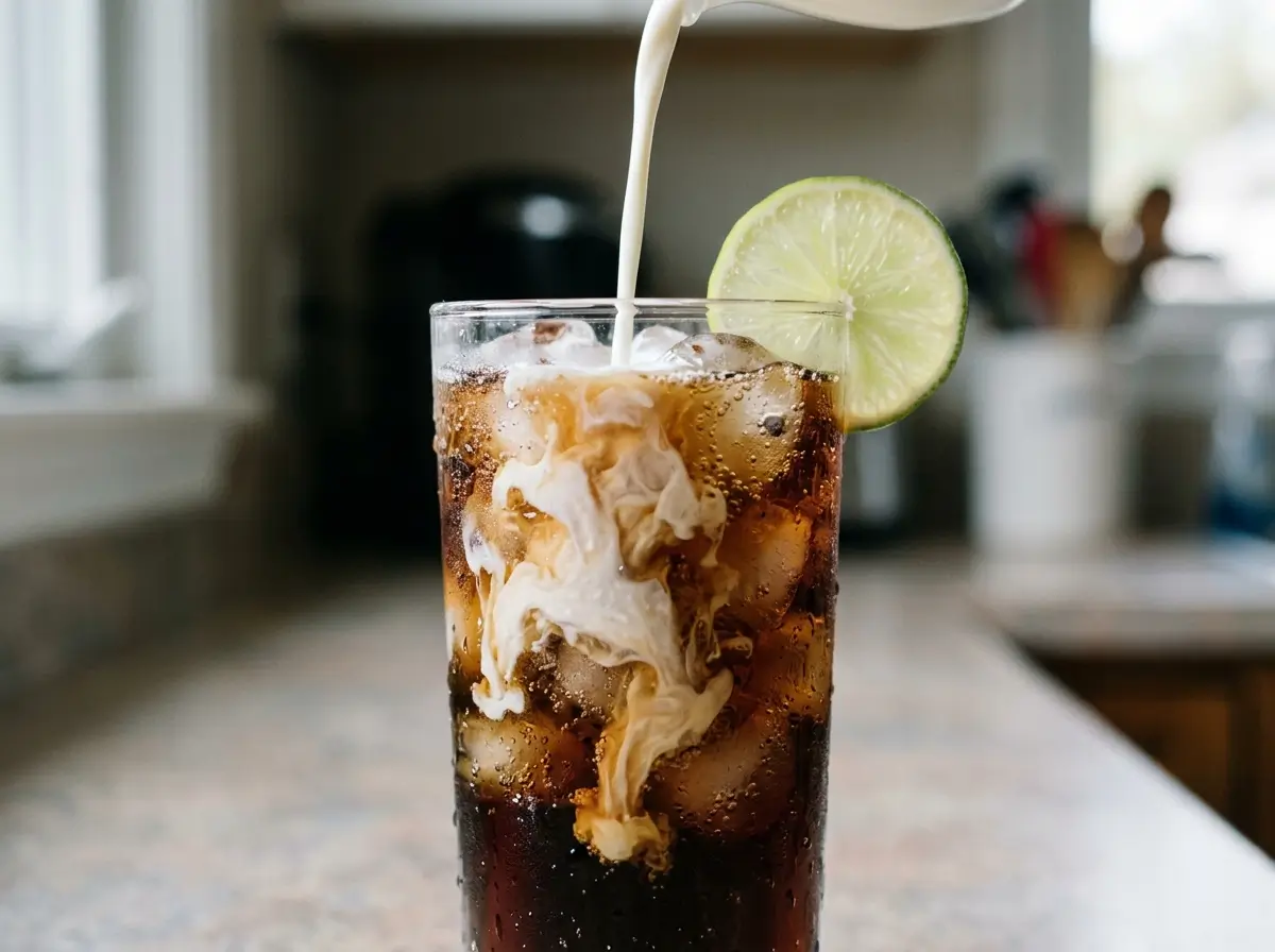 Pouring half-and-half into iced soda to make dirty soda