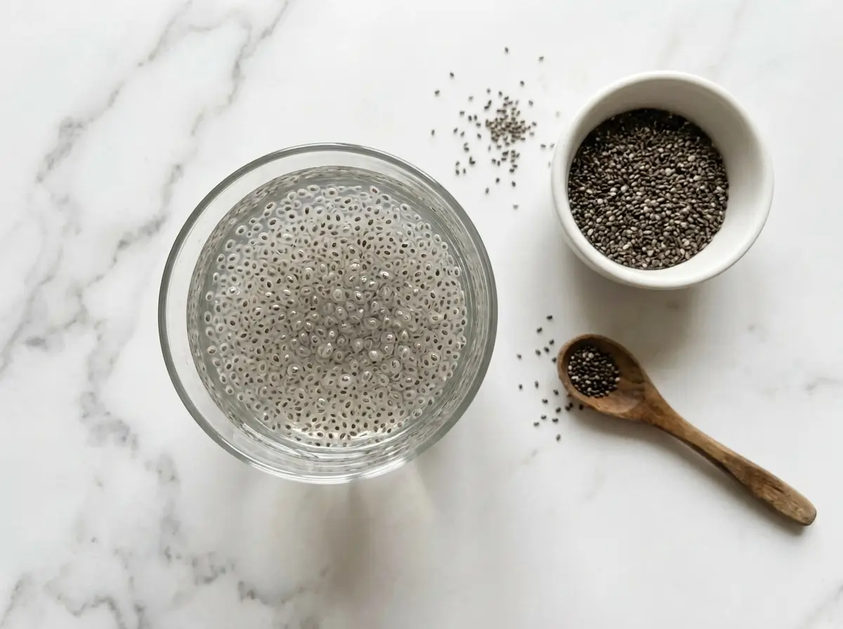 Glass of soaked chia seed water next to a bowl of dry chia seeds