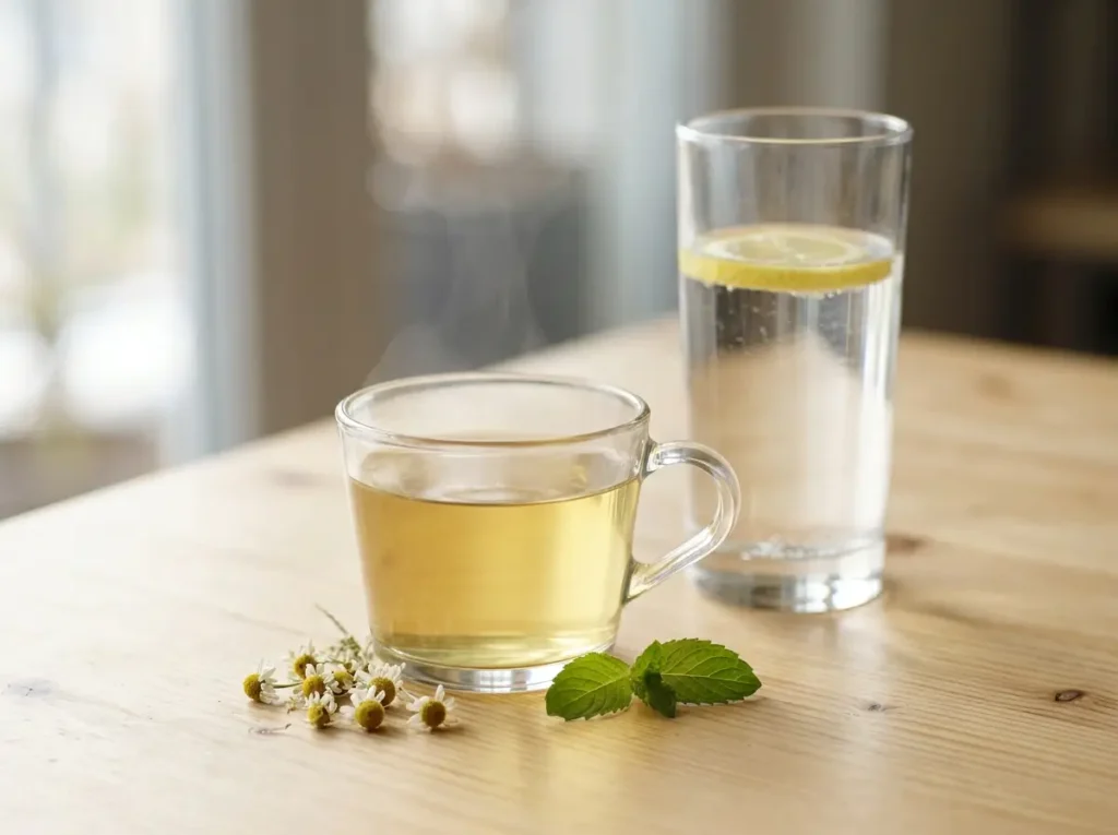 Cup of herbal tea next to a glass of water