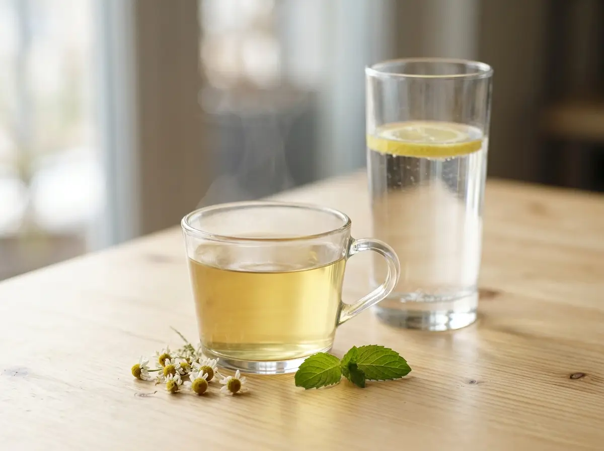 Cup of herbal tea next to a glass of water