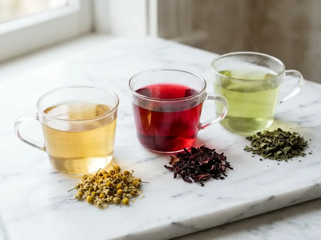 Three glass cups of chamomile, hibiscus, and peppermint herbal tea with dried herbs on white marble