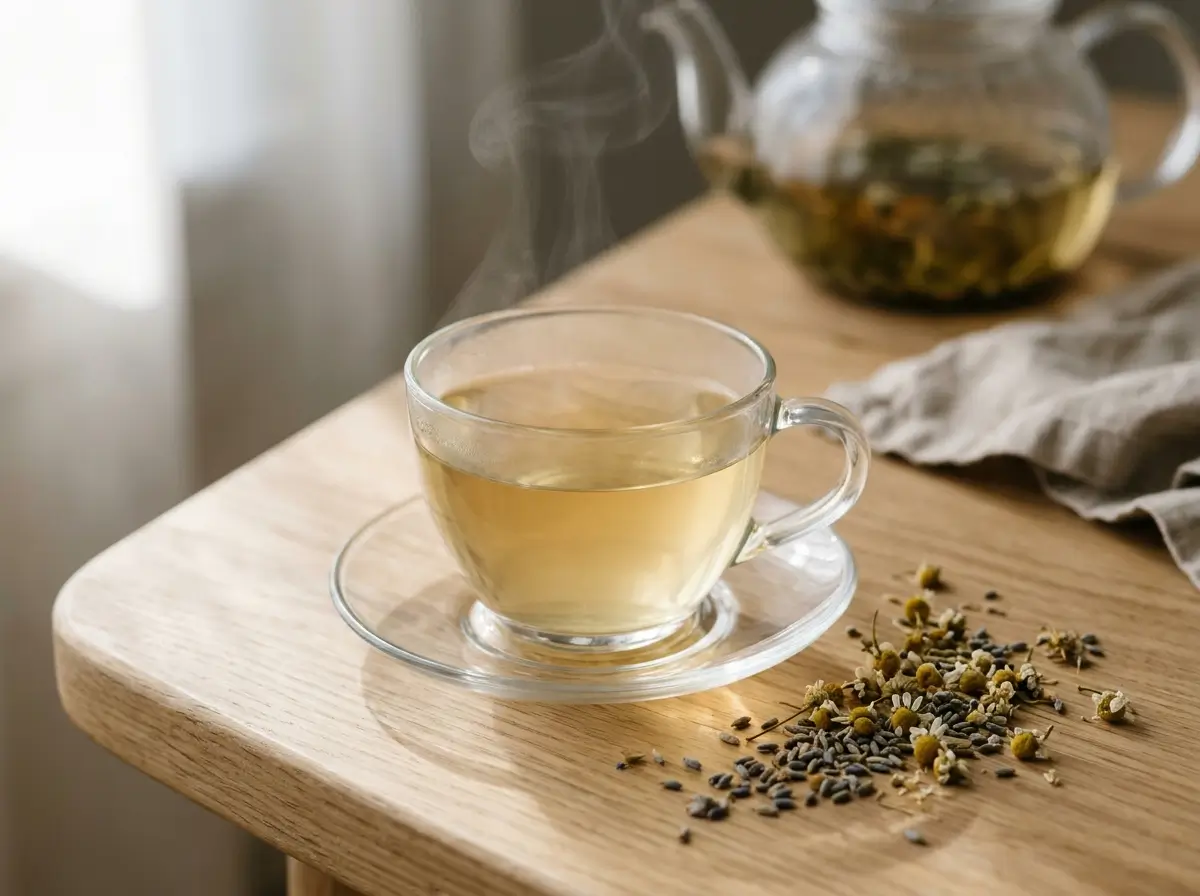 Dried chamomile flowers and lavender buds in small bowls