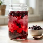 Dried hibiscus flowers soaking in cold water in a glass jar