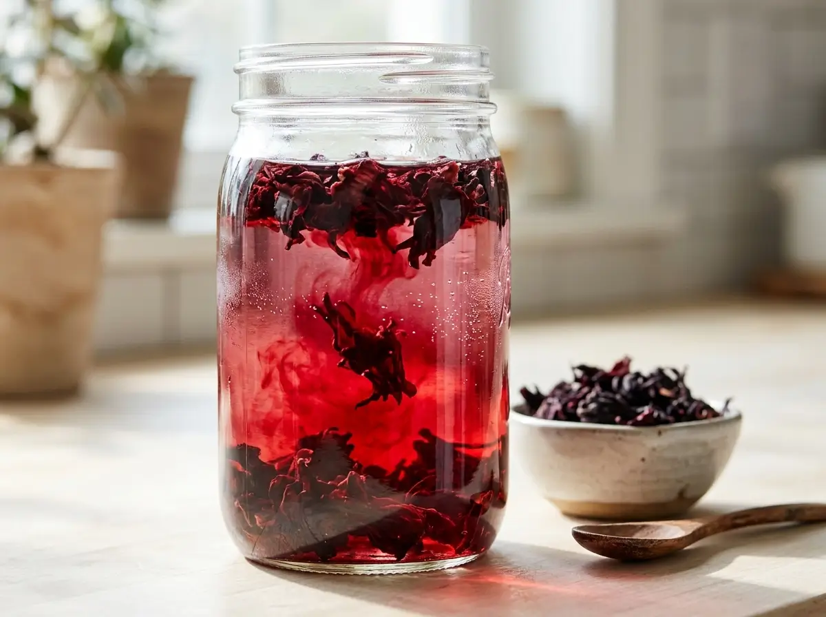 Dried hibiscus flowers soaking in cold water in a glass jar