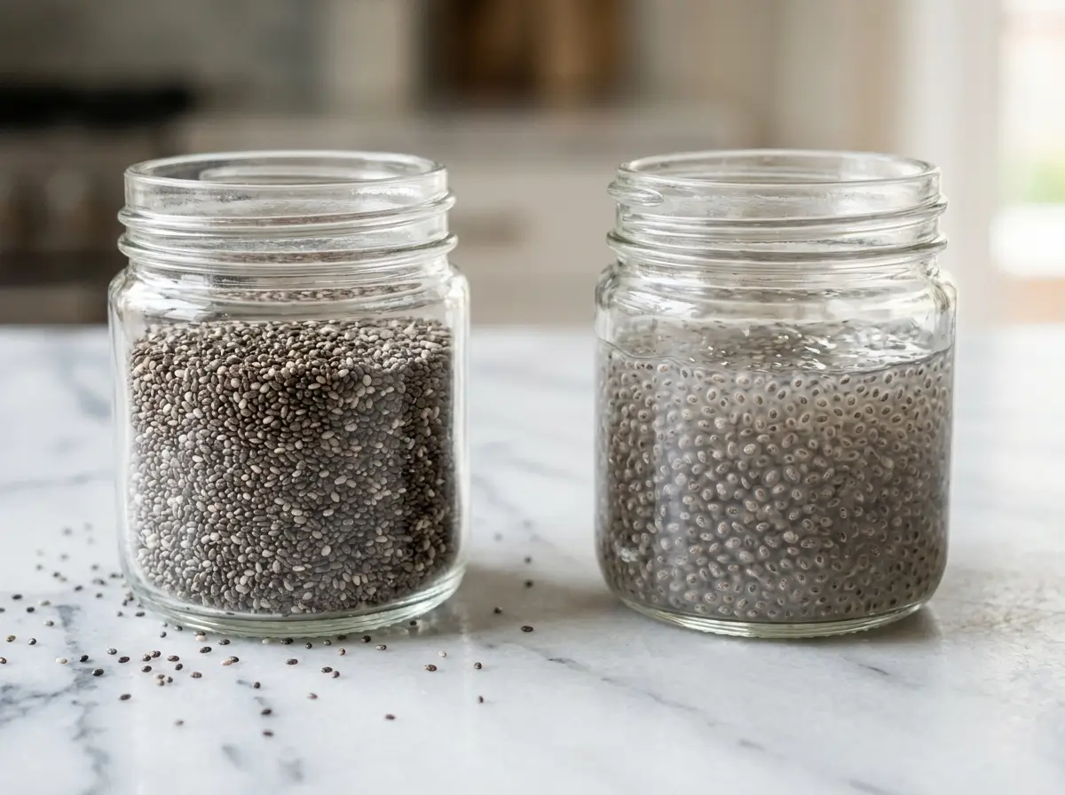 dry chia seeds versus soaked chia gel in two glass jars