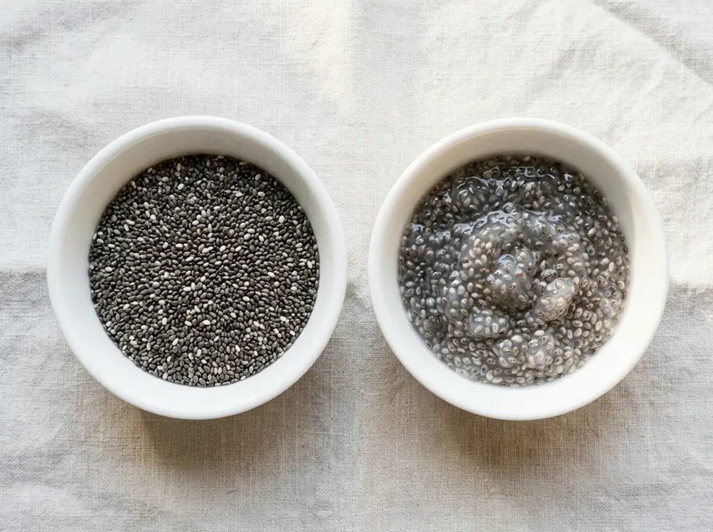 Dry chia seeds next to soaked chia seeds forming a gel in two small bowls