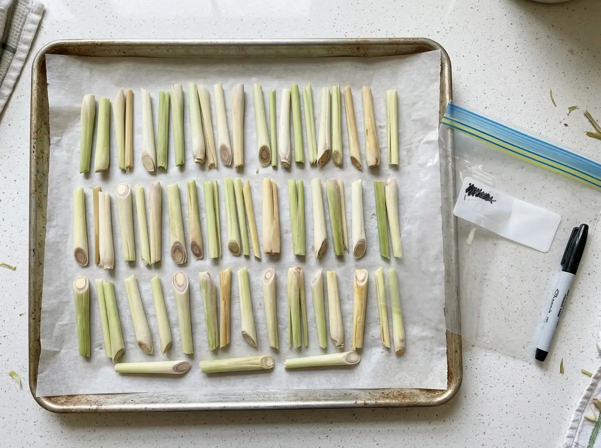 Trimmed lemongrass stalks on a parchment-lined tray ready to flash freeze
