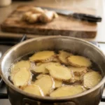 Ingredients for fresh ginger tea: ginger root, lemon, honey, and water