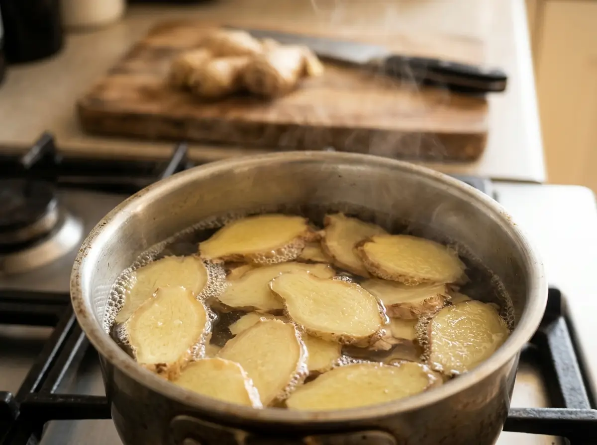 Ingredients for fresh ginger tea: ginger root, lemon, honey, and water