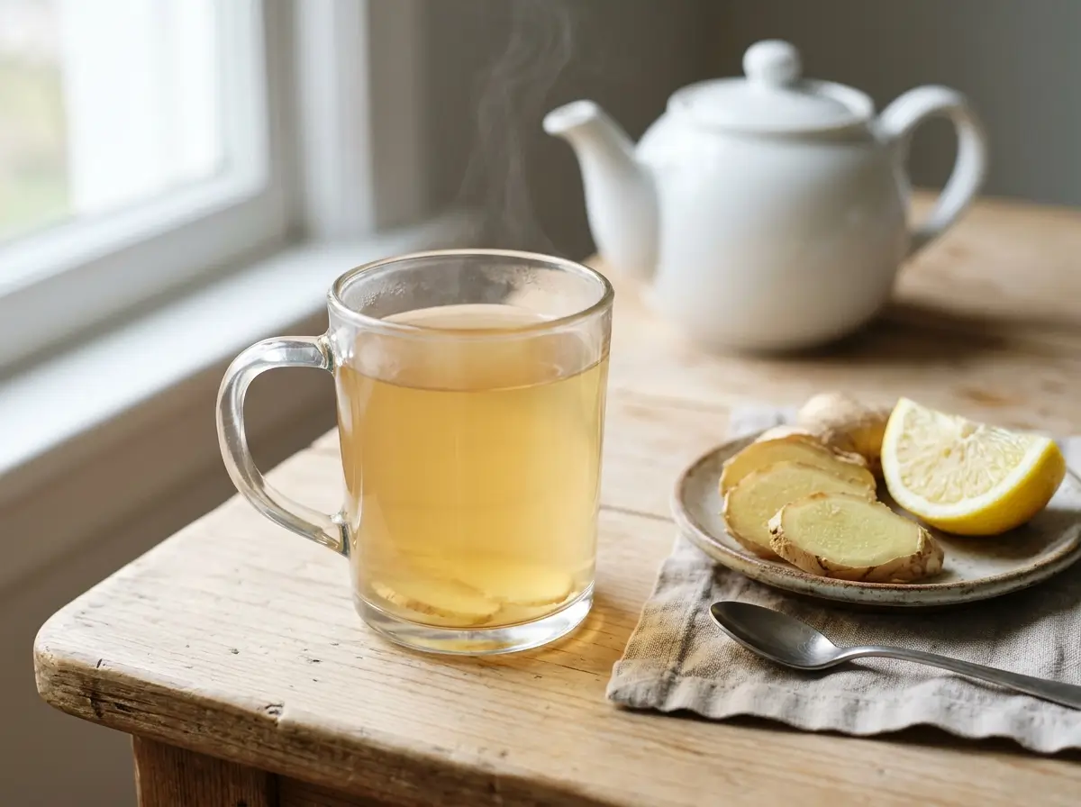 Mug of fresh ginger tea with ginger slices and a lemon wedge