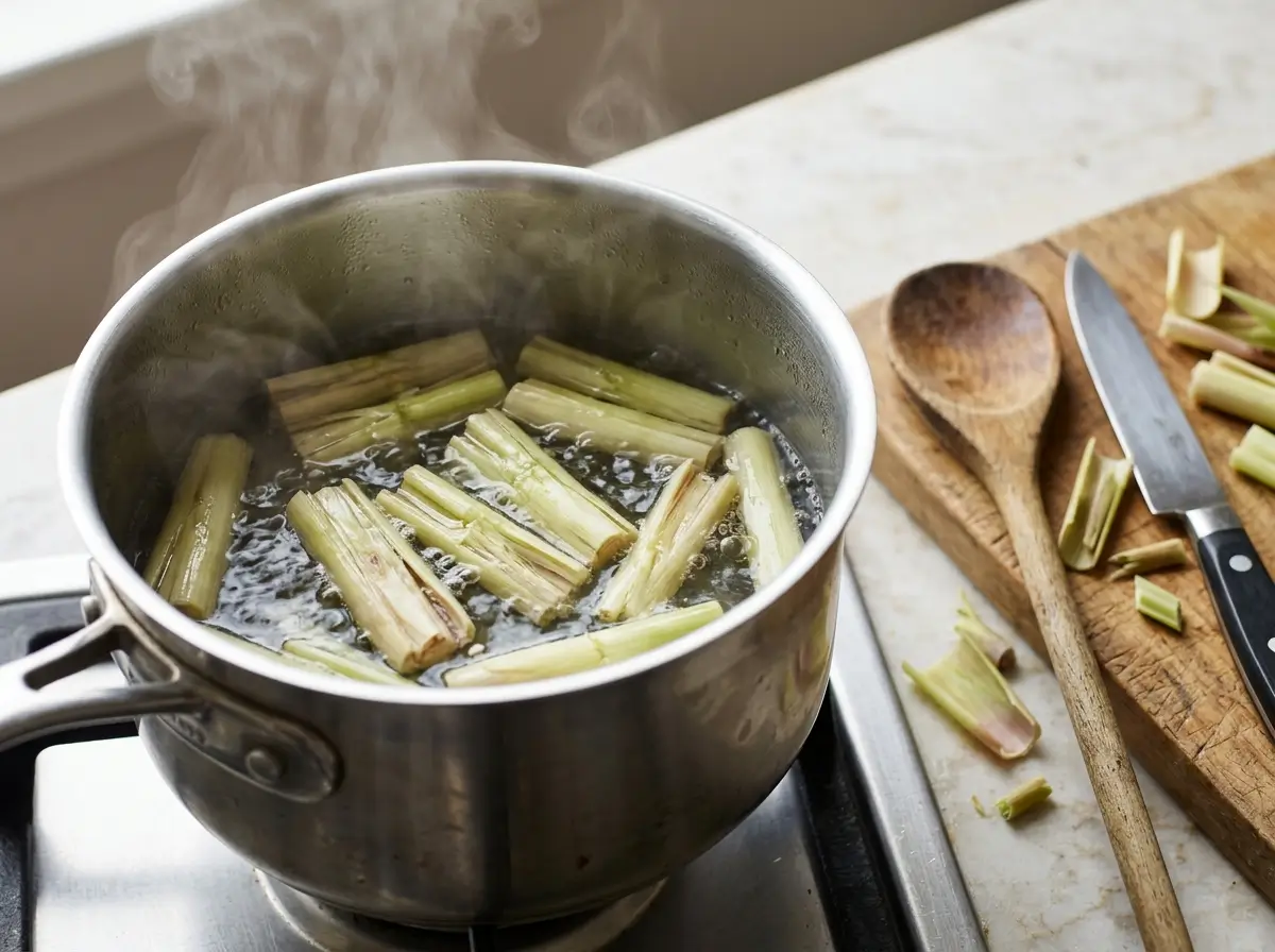 Fresh lemongrass stalks with one cut open to show the pale inner core