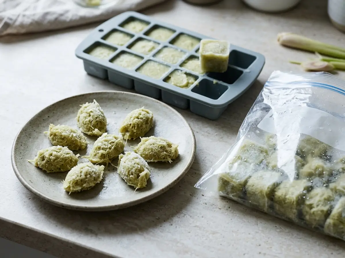Frozen lemongrass paste portions in an ice cube tray and on a plate