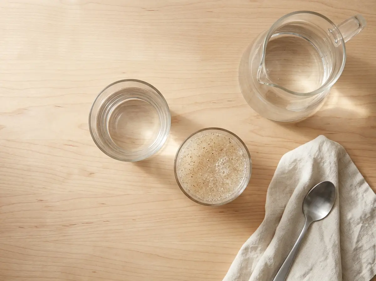 Full glass of water next to a mixed psyllium husk drink