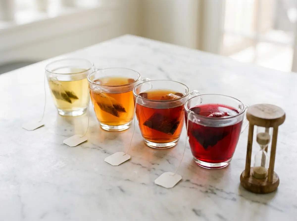 Four glass cups of herbal tea from pale gold to deep ruby red next to a small sand timer
