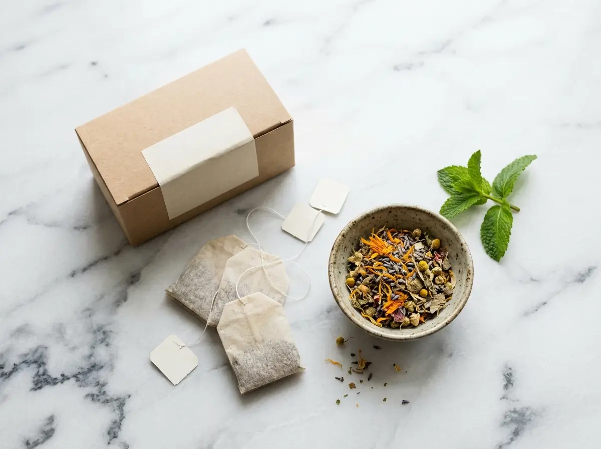 Cup of chamomile herbal tea beside a cup of green tea with dried flowers and loose green tea leaves