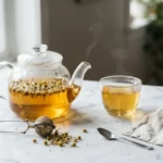 Glass teapot and cup of golden herbal tea steeping with dried chamomile flowers on white marble
