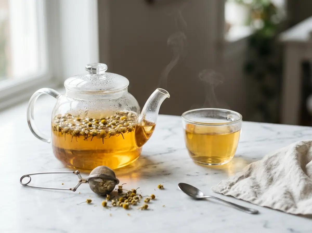 Glass teapot and cup of golden herbal tea steeping with dried chamomile flowers on white marble