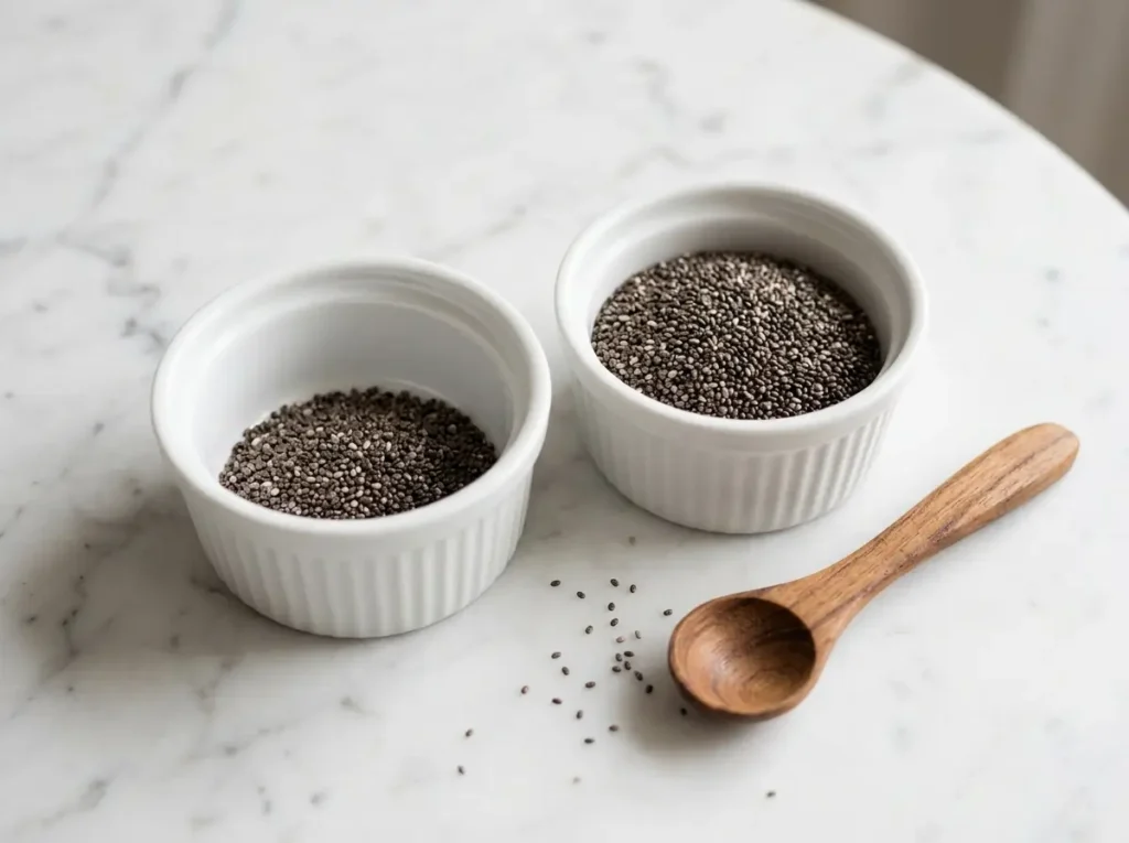 how many chia seeds per day: two tablespoons of chia seeds in a bowl on white marble