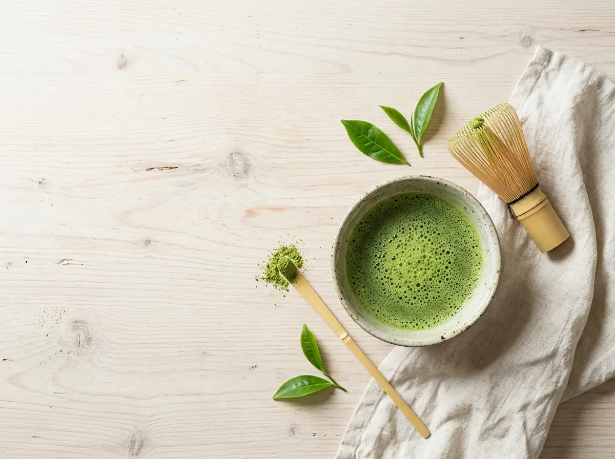 Bowl of frothy green matcha tea with a bamboo whisk and scoop of matcha powder