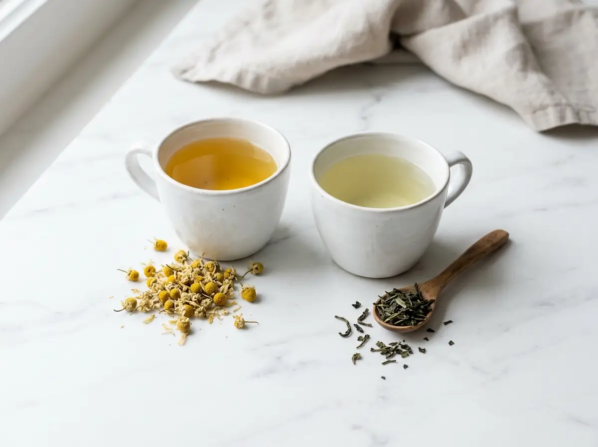 Tea bags, a plain tea box, dried herbs, and mint on marble for checking an herbal tea label