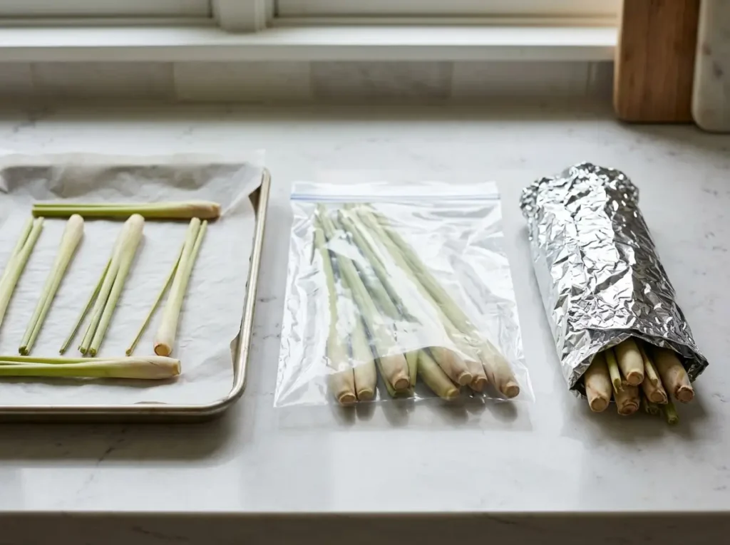 Fresh lemongrass stalks prepared for fridge and freezer storage