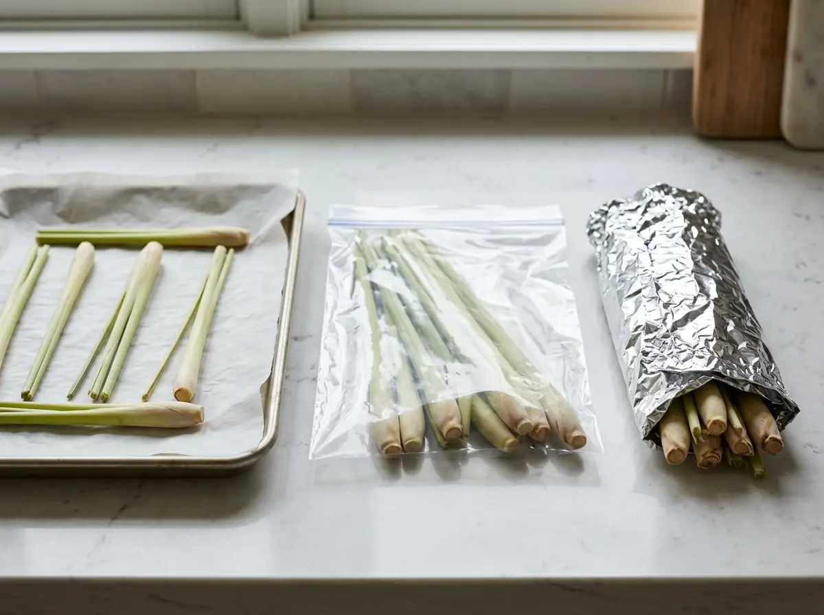 Fresh lemongrass stalks prepared for fridge and freezer storage