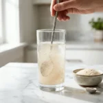 Glass of water mixed with psyllium husk powder and a measuring spoon