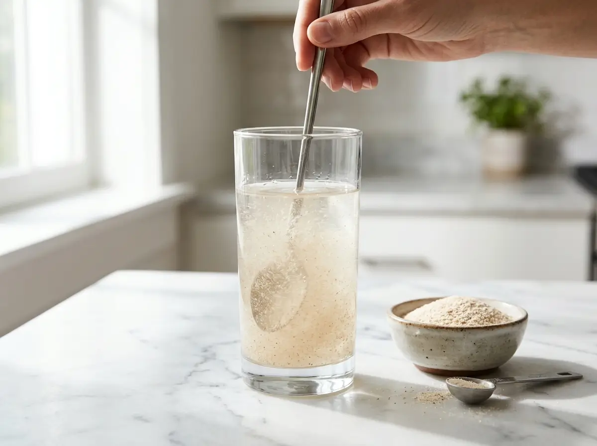 Glass of water mixed with psyllium husk powder and a measuring spoon