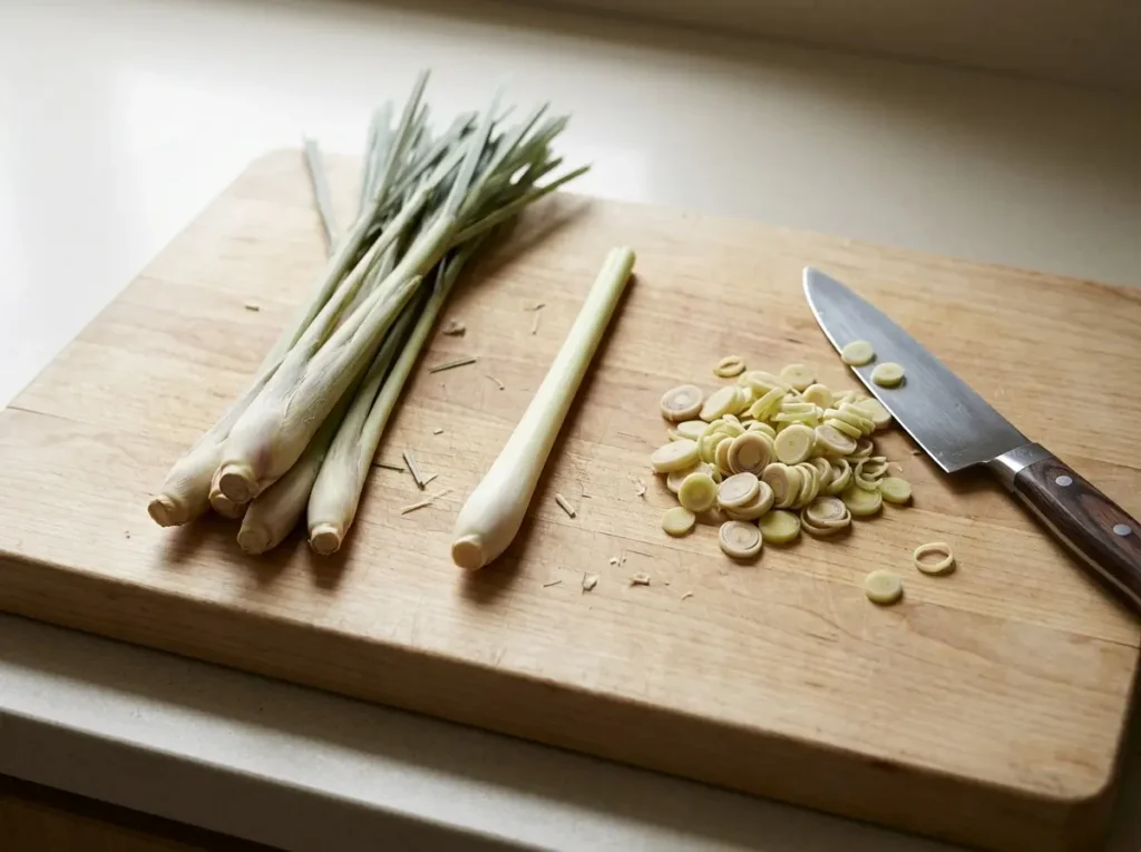 Whole, peeled, and sliced lemongrass on a cutting board with a knife