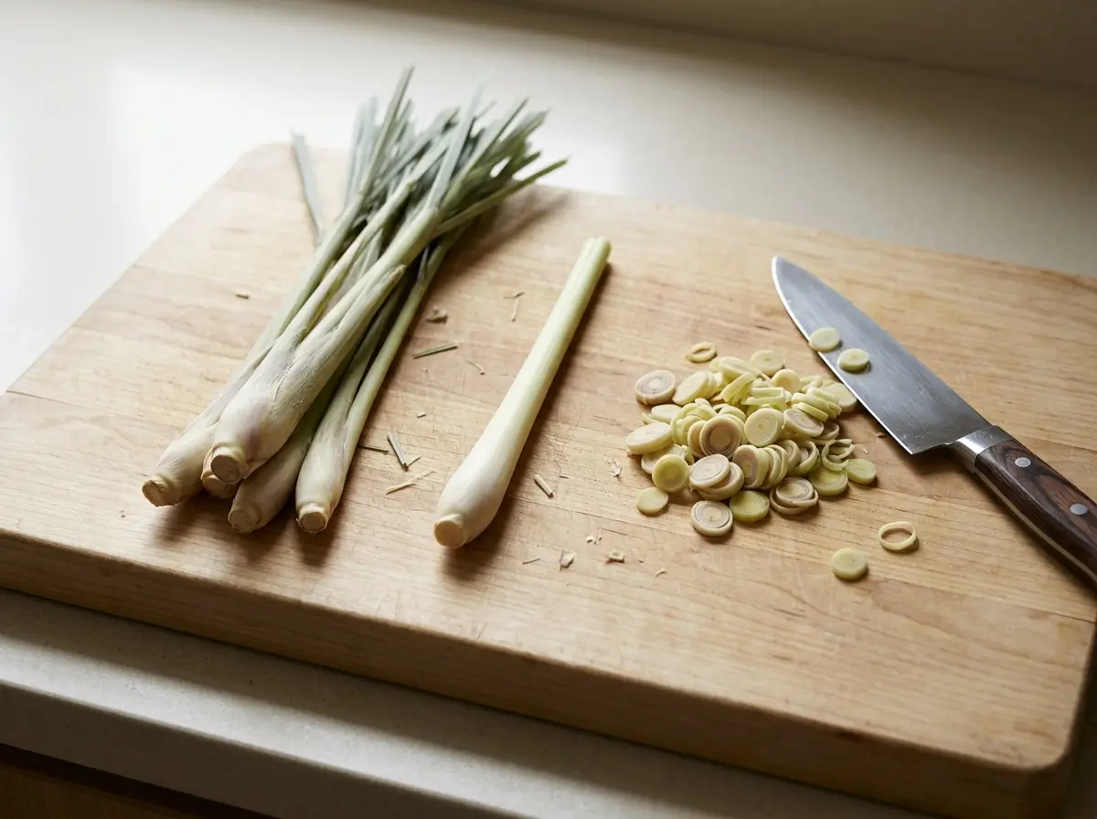 Whole, peeled, and sliced lemongrass on a cutting board with a knife