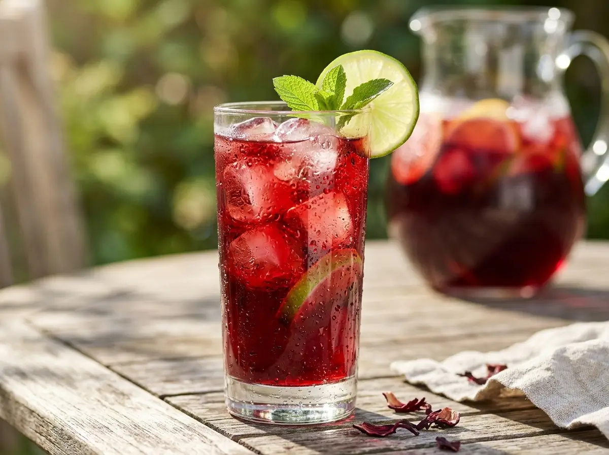 Glass of iced herbal tea with ice and a lime slice
