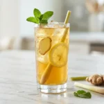 Iced lemongrass ginger tea with lemon slice, ginger, and mint in a tall glass