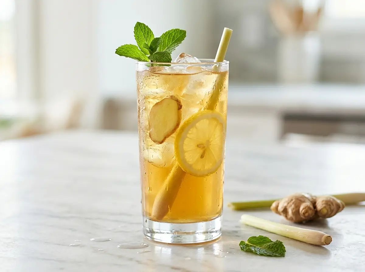 Iced lemongrass ginger tea with lemon slice, ginger, and mint in a tall glass