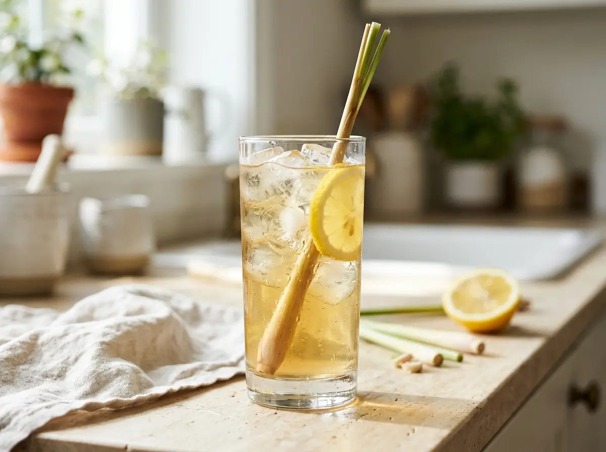 Iced lemongrass tea in a tall glass with lemon slice and a lemongrass stalk