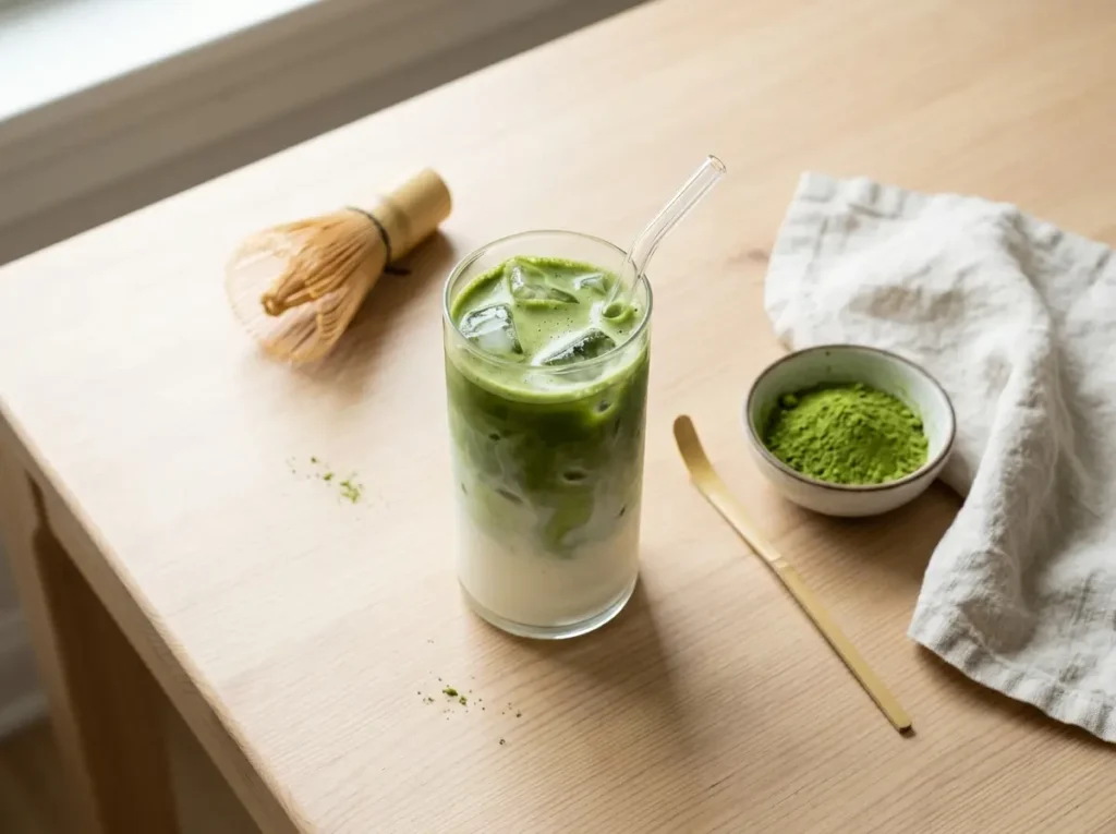 Tall glass of iced matcha latte with green and white layers and ice