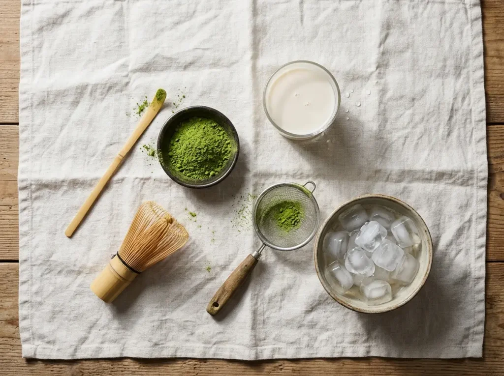 Matcha powder, sieve, whisk, milk and ice laid out for an iced matcha latte