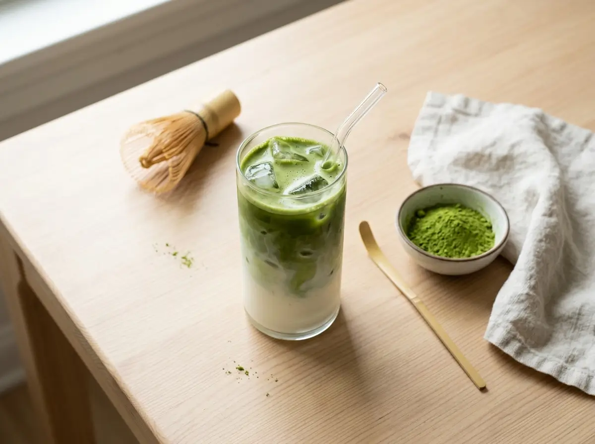 Tall glass of iced matcha latte with green and white layers and ice