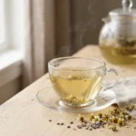 Cup of lavender chamomile tea with dried flowers on a wooden table