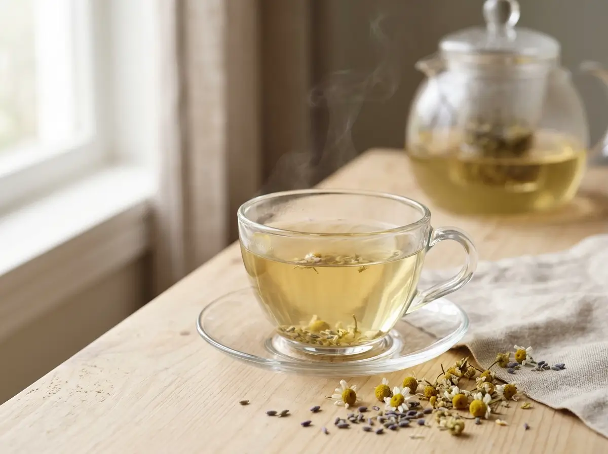 Cup of lavender chamomile tea with dried flowers on a wooden table