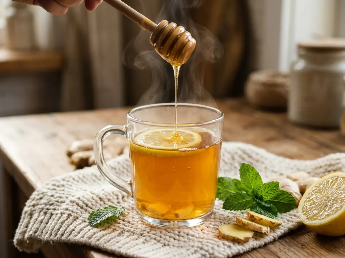 Mug of lemon honey ginger tea with honey, lemon, and mint