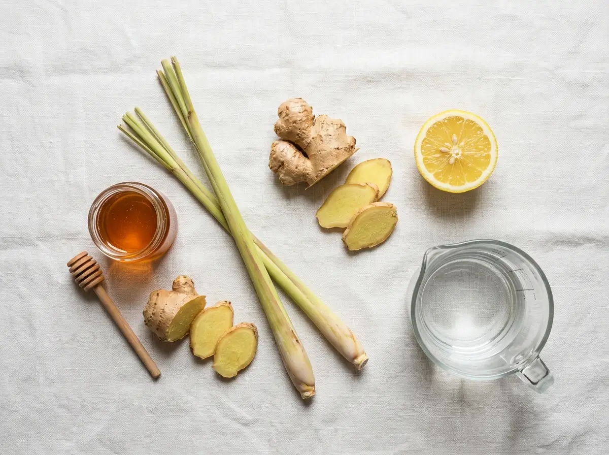 Fresh lemongrass, ginger, honey, and lemon laid out to make lemongrass ginger tea