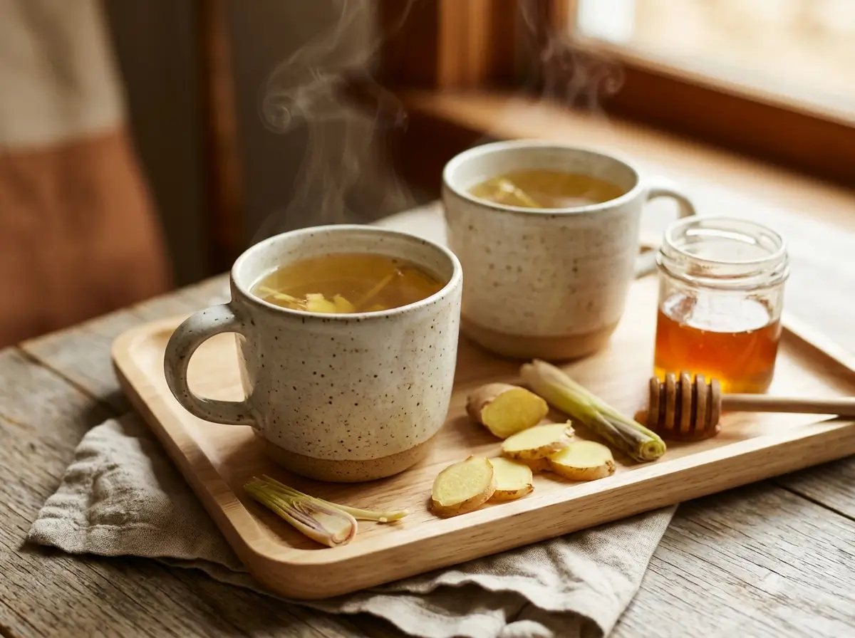 Two mugs of hot lemongrass ginger tea with ginger slices and a lemongrass stalk