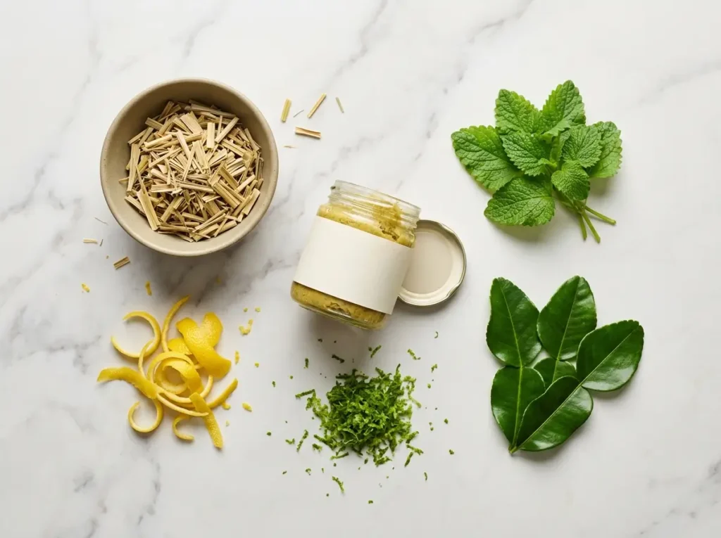 Dried lemongrass, paste, citrus zest, lemon balm, and kaffir lime leaves as lemongrass substitutes