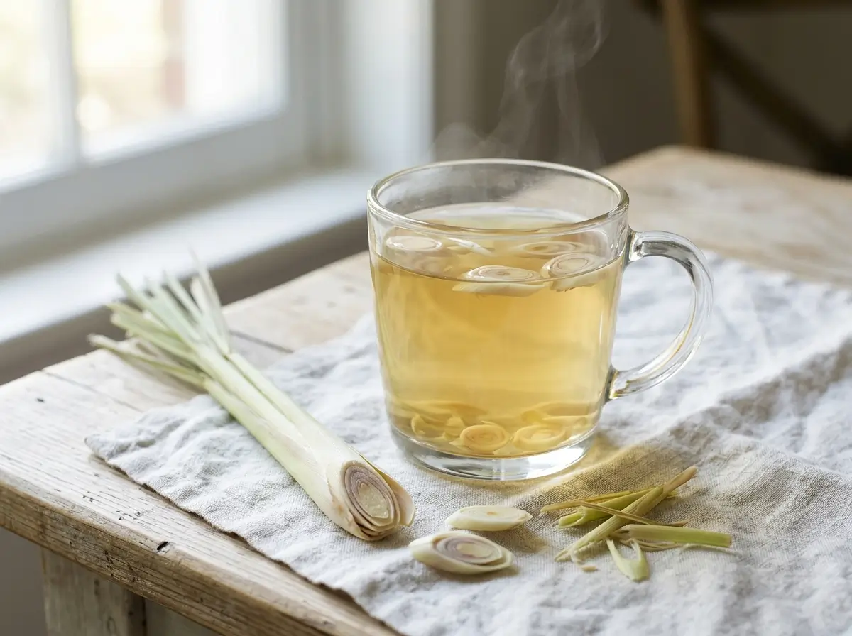 Glass mug of hot lemongrass tea with fresh lemongrass stalk beside it
