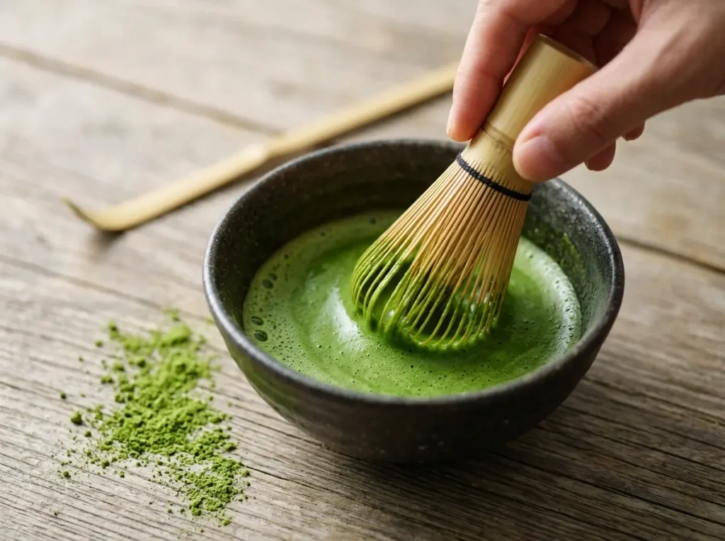 Smooth frothy matcha paste whisked in a small ceramic bowl