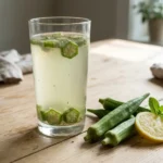 Glass of okra water next to fresh okra pods, a lemon slice and mint