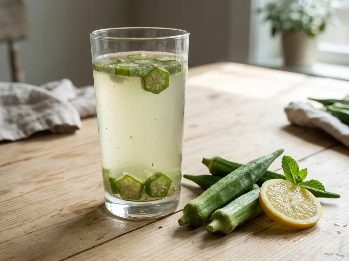 Glass of okra water next to fresh okra pods, a lemon slice and mint