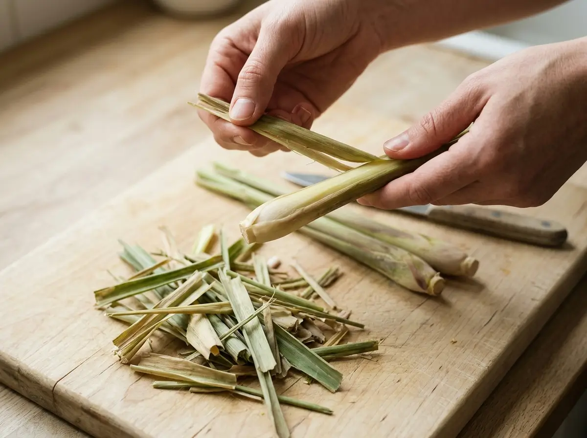 Peeling the outer layers of a lemongrass stalk to reach the pale inner core