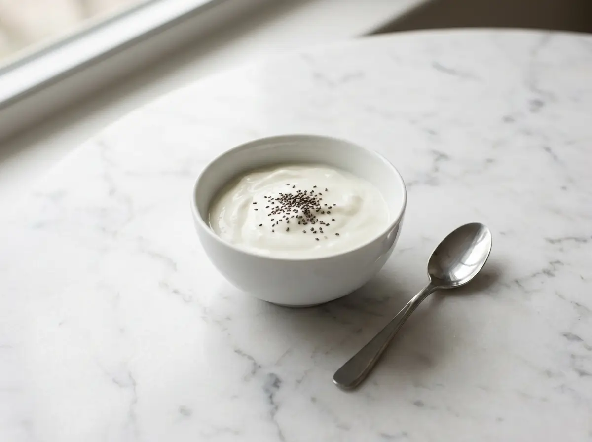 Small pinch of chia seeds sprinkled on a bowl of yogurt